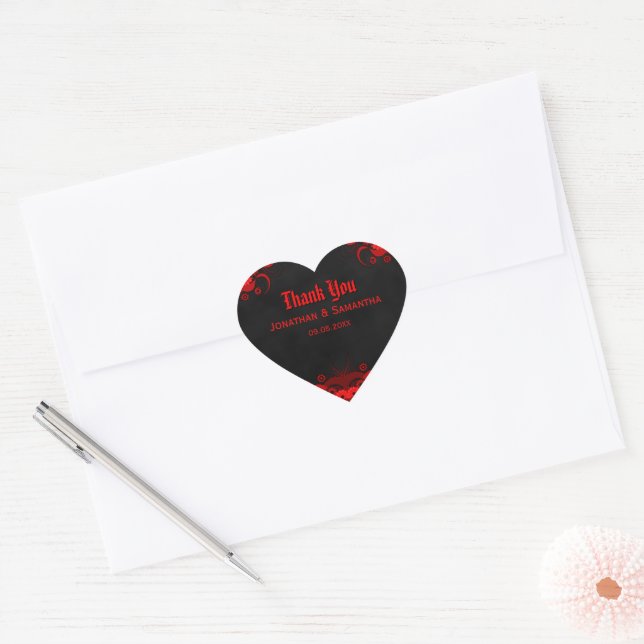 Red Floral Black Goth Heart Wedding Favor Stickers (Envelope)