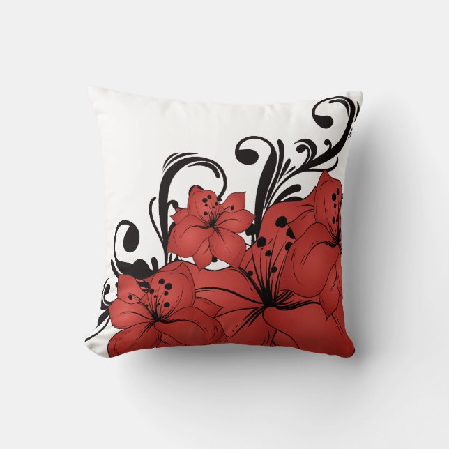 Red Floral Black Scrolls Throw Pillow (Front)