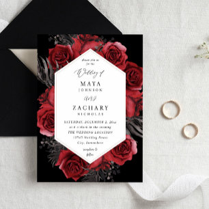 Red Floral & Black Wedding - Black Invitation