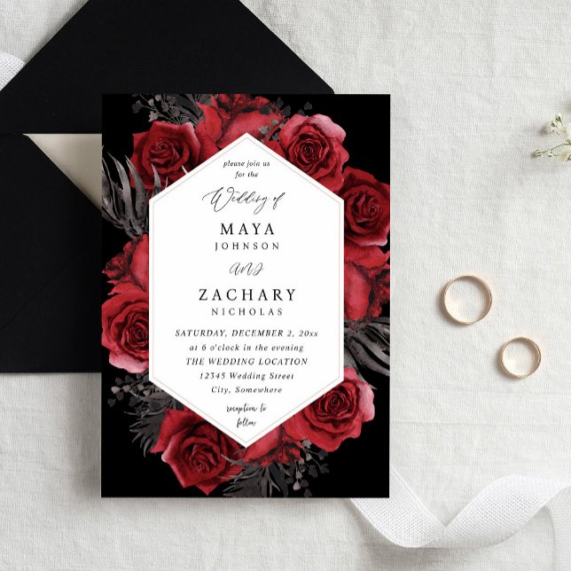 Red Floral & Black Wedding - Black Invitation (Creator Uploaded)
