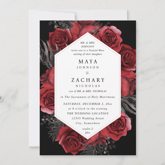 Red Floral & Black Wedding - Black V3 Invitation (Front)