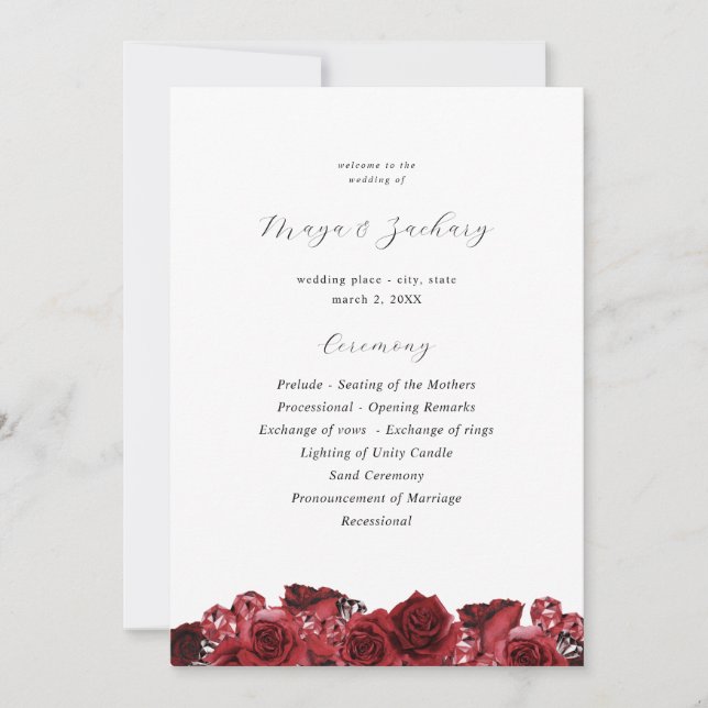 Red Floral & Black Wedding Ceremony Program (Front)