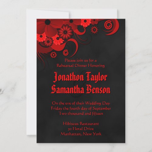 Red Floral Black Wedding Rehearsal Dinner Invites