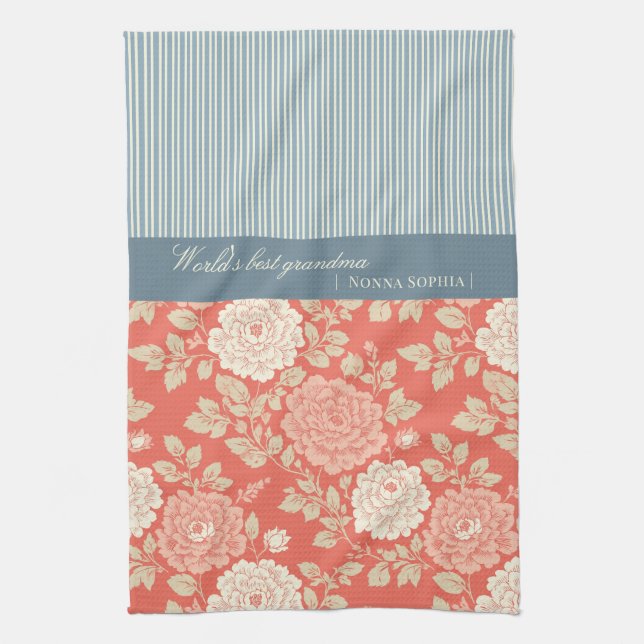 Red Floral Block Print w Blue Stripes Kitchen Towel (Vertical)