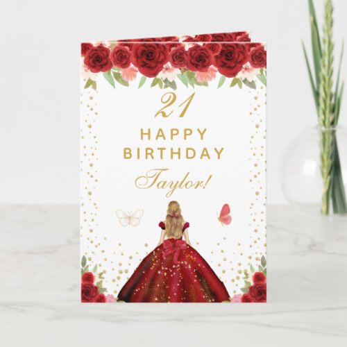 Red Floral Blonde Hair Girl Happy Birthday Card