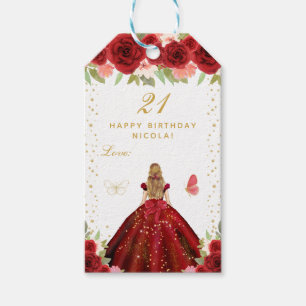 Red Floral Blonde Hair Girl Happy Birthday Gift Tags
