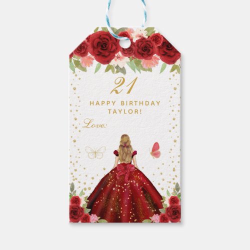 Red Floral Blonde Hair Girl Happy Birthday Gift Tags