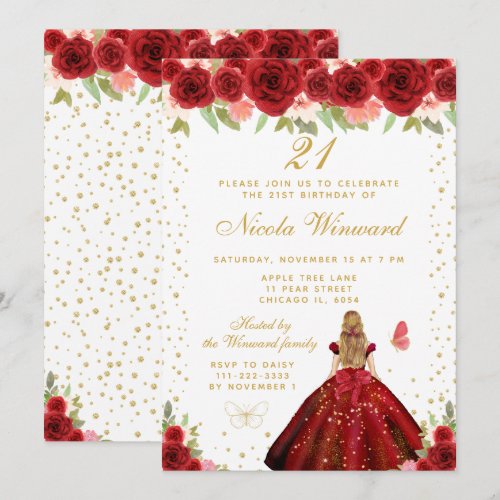 Red Floral Blonde Hair Princess Birthday Party