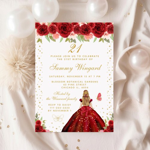 Red Floral Blonde Hair Princess Birthday Party Invitation