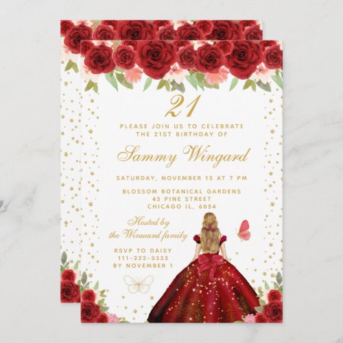 Red Floral Blonde Hair Princess Birthday Party Invitation