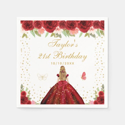 Red Floral Blonde Hair Princess Birthday Party Napkins