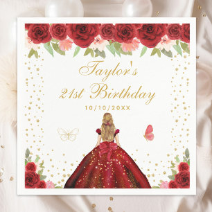 Red Floral Blonde Hair Princess Birthday Party Napkins