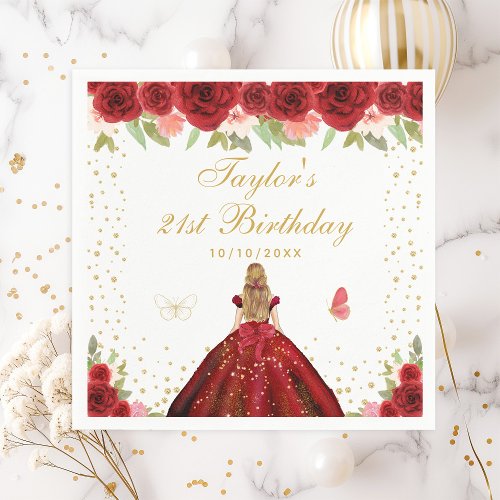 Red Floral Blonde Hair Princess Birthday Party Napkins