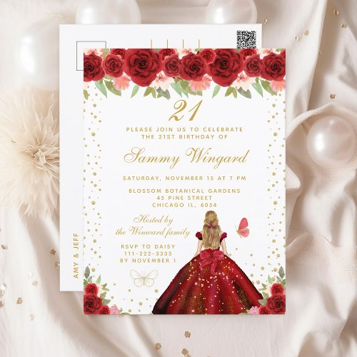 Red Floral Blonde Hair Princess Birthday Party Postcard