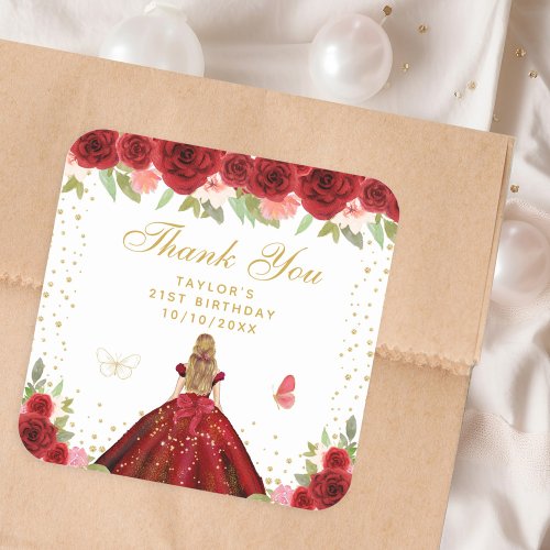 Red Floral Blonde Hair Princess Birthday Party Square Sticker