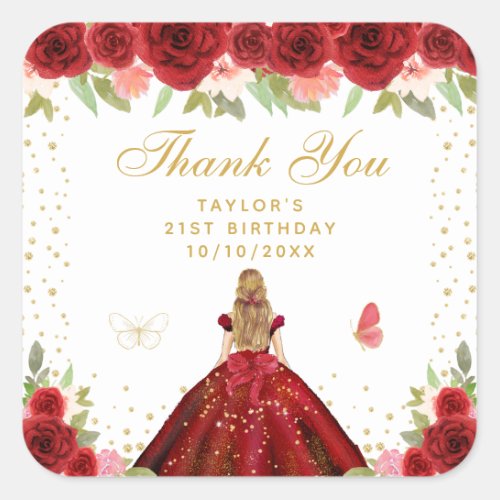 Red Floral Blonde Hair Princess Birthday Party Square Sticker