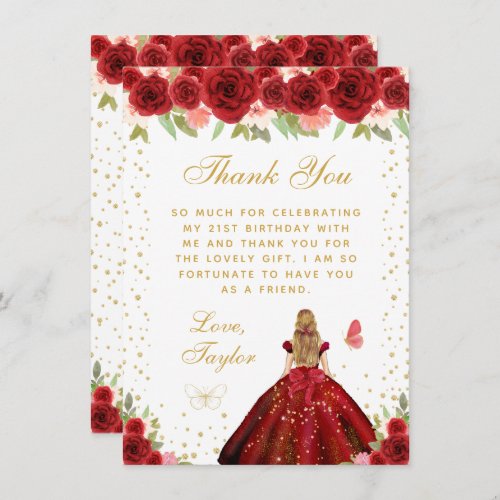 Red Floral Blonde Hair Princess Birthday Party Thank You Card