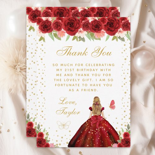 Red Floral Blonde Hair Princess Birthday Party Thank You Card