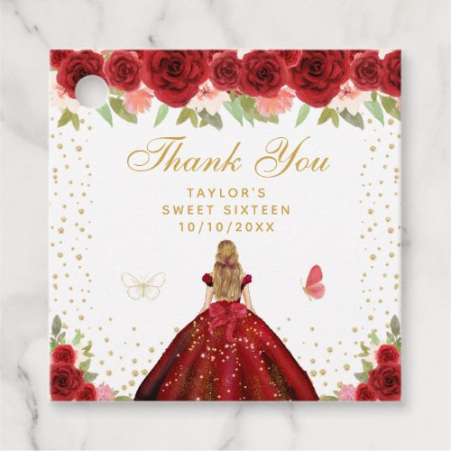 Red Floral Blonde Hair Princess Sweet Sixteen Favor Tags