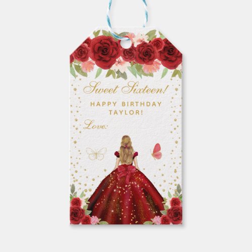 Red Floral Blonde Hair Princess Sweet Sixteen Gift Tags