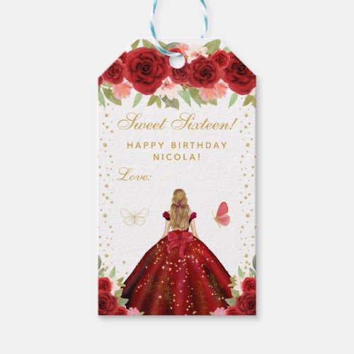Red Floral Blonde Hair Princess Sweet Sixteen Gift Tags