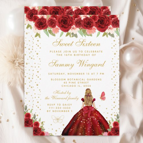 Red Floral Blonde Hair Princess Sweet Sixteen Invitation