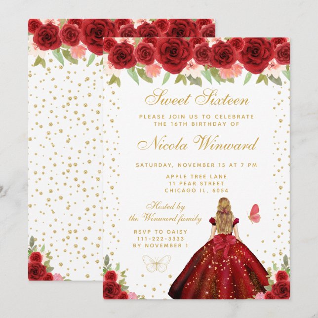 Red Floral Blonde Hair Princess Sweet Sixteen Invitation (Front/Back)