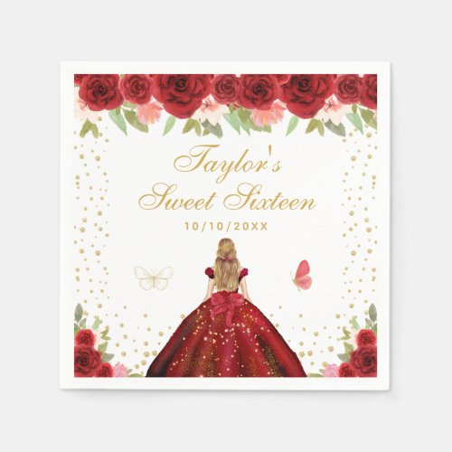 Red Floral Blonde Hair Princess Sweet Sixteen Napkins