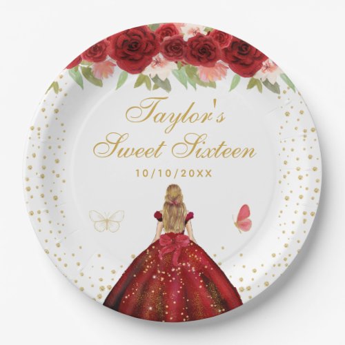 Red Floral Blonde Hair Princess Sweet Sixteen Paper Plates