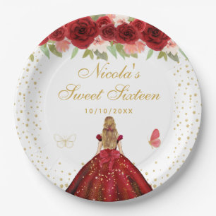 Red Floral Blonde Hair Princess Sweet Sixteen Paper Plates