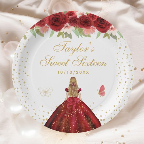 Red Floral Blonde Hair Princess Sweet Sixteen Paper Plates