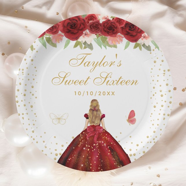 Red Floral Blonde Hair Princess Sweet Sixteen Paper Plates (Creator Uploaded)