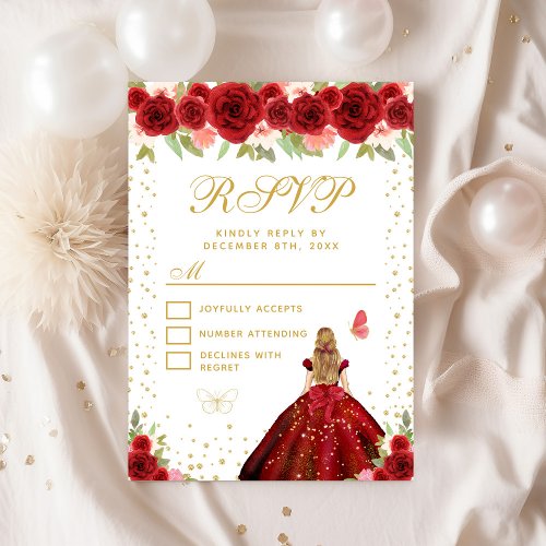 Red Floral Blonde Hair Princess Sweet Sixteen RSVP Card