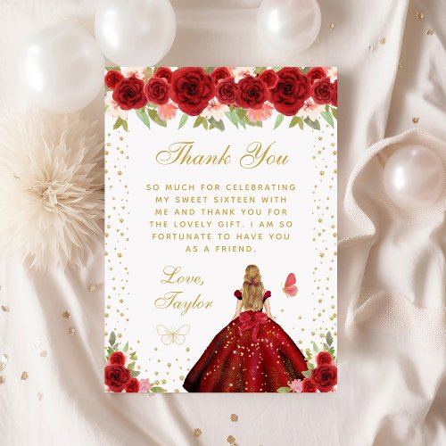 Red Floral Blonde Hair Princess Sweet Sixteen Thank You Card