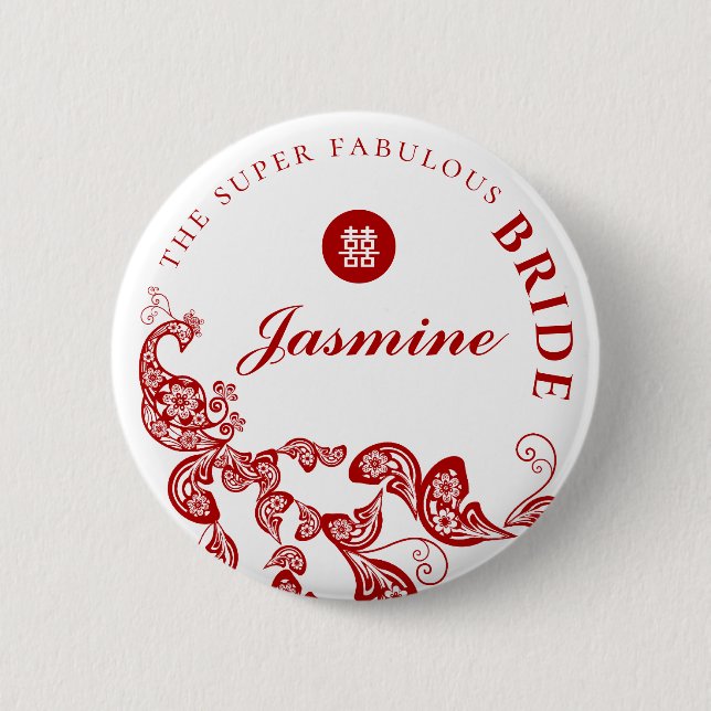 Red Floral Boho Chic Peacock Asian Wedding Party Button (Front)