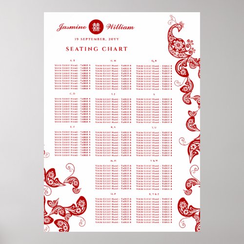 Red Floral Boho Chic Peacock Wedding Seating Chart