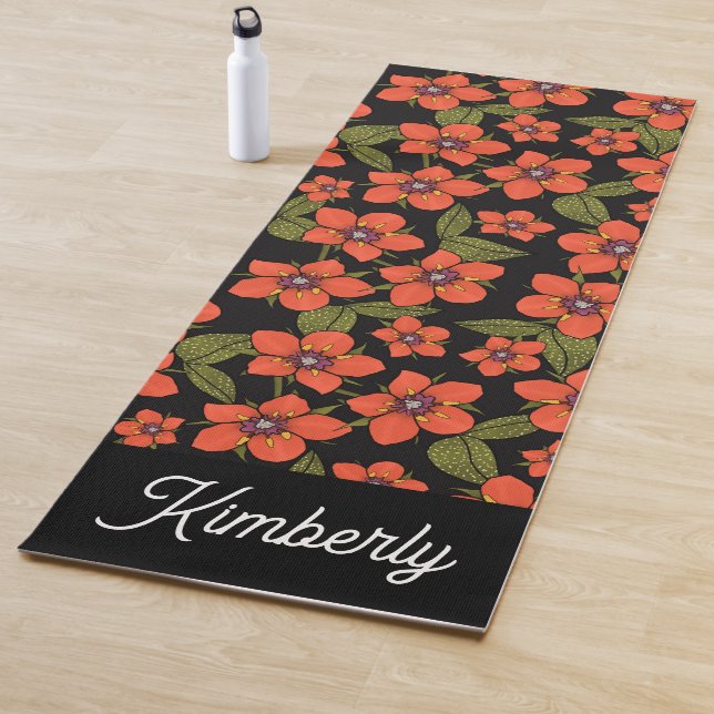 Red Floral Boho Custom Name Yoga Mat (In Situ)