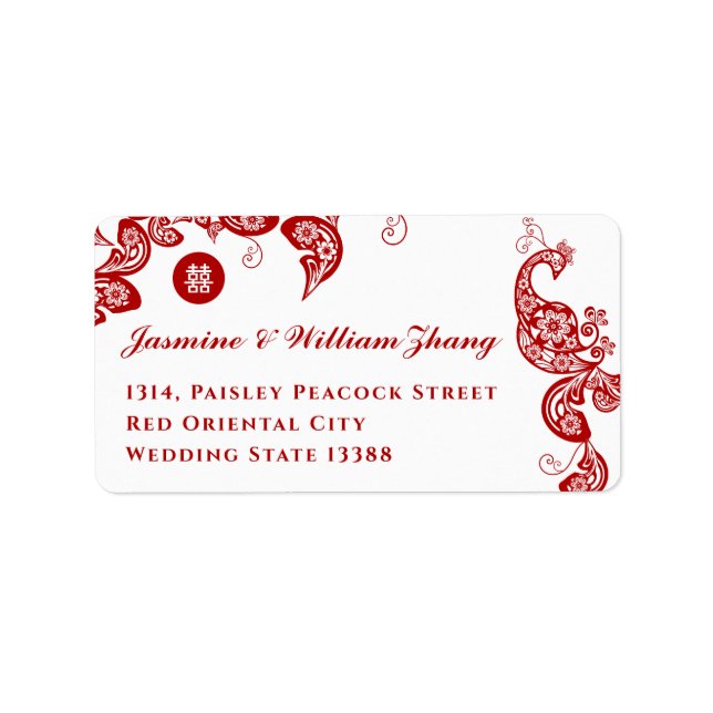Red Floral Boho Peacock Asian Chic Wedding Address Label (Front)