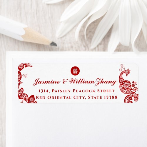 Red Floral Boho Peacock Asian Chic Wedding Address Label