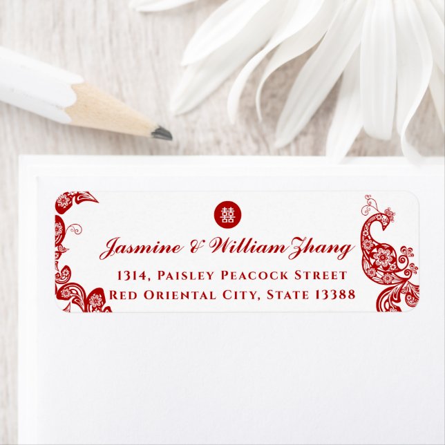 Red Floral Boho Peacock Asian Chic Wedding Address Label (Insitu)