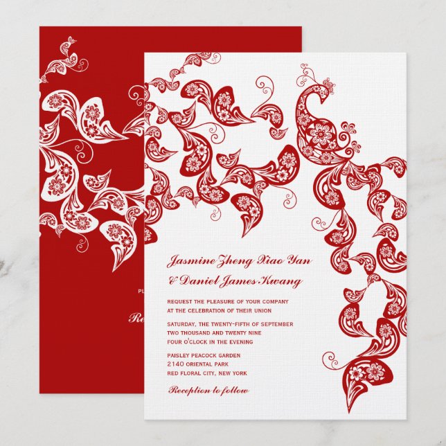 Red Floral Boho Peacock Eastern Chic Asian Wedding Invitation (Front/Back)