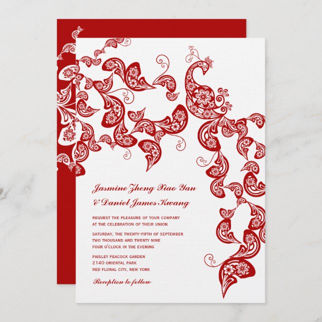 Red Floral Boho Peacock Eastern Chic Asian Wedding Invitation (Front/Back)