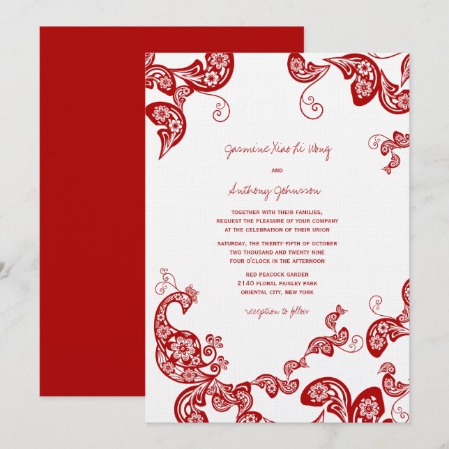 Red Floral Boho Peacock Eastern Chic Asian Wedding Invitation (Front/Back)