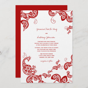 Red Floral Boho Peacock Eastern Chic Asian Wedding Invitation