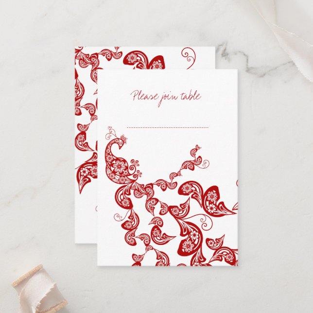 Red Floral Boho Peacock Eastern Chic Asian Wedding Place Card (Front/Back In Situ)