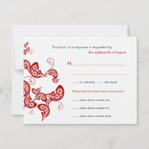 Red Floral Boho Peacock Eastern Chic Asian Wedding RSVP Card