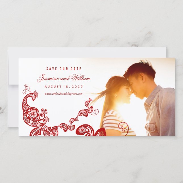 Red Floral Boho Peacock Eastern Chic Asian Wedding Save The Date (Front)