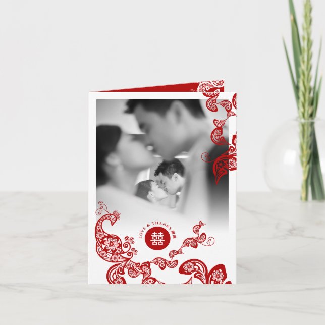 Red Floral Boho Peacock Eastern Chic Asian Wedding Thank You Card (Front)