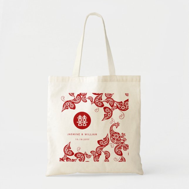 Red Floral Boho Peacock Elegant Chinese Wedding Tote Bag (Front)