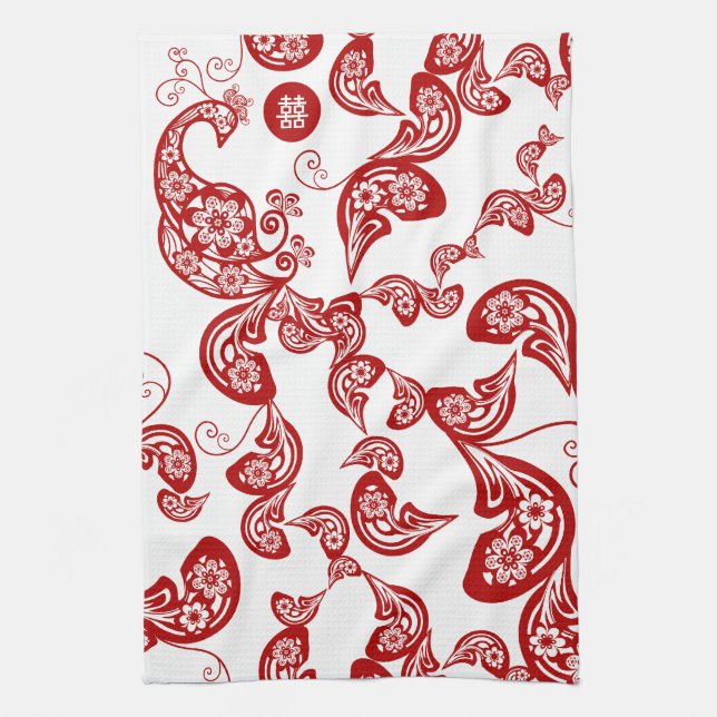 Red Floral Boho Peacock Elegant Eastern Chic Asian Kitchen Towel (Vertical)